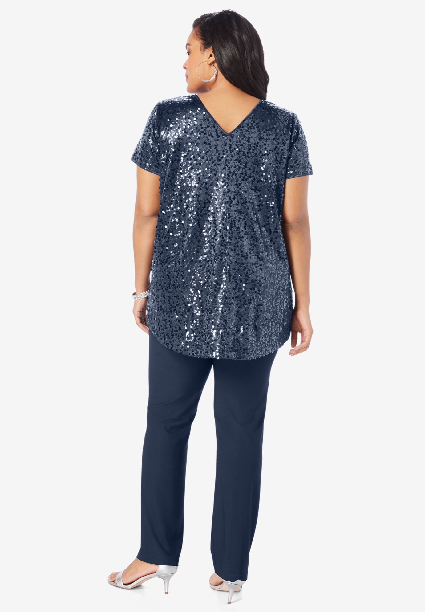 Plus-Size 2 Piece S/S Sequin Top and Pant Set, EMERALD GREEN, alternate image number 2