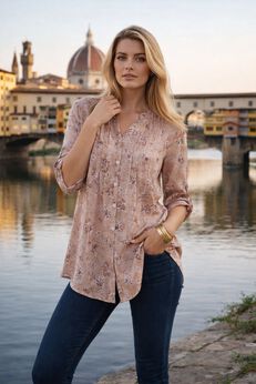 Plus Size Floral Y-Neck Pintuck Tunic – Adjustable Long Sleeve Button-Front, Relaxed Shirt Style