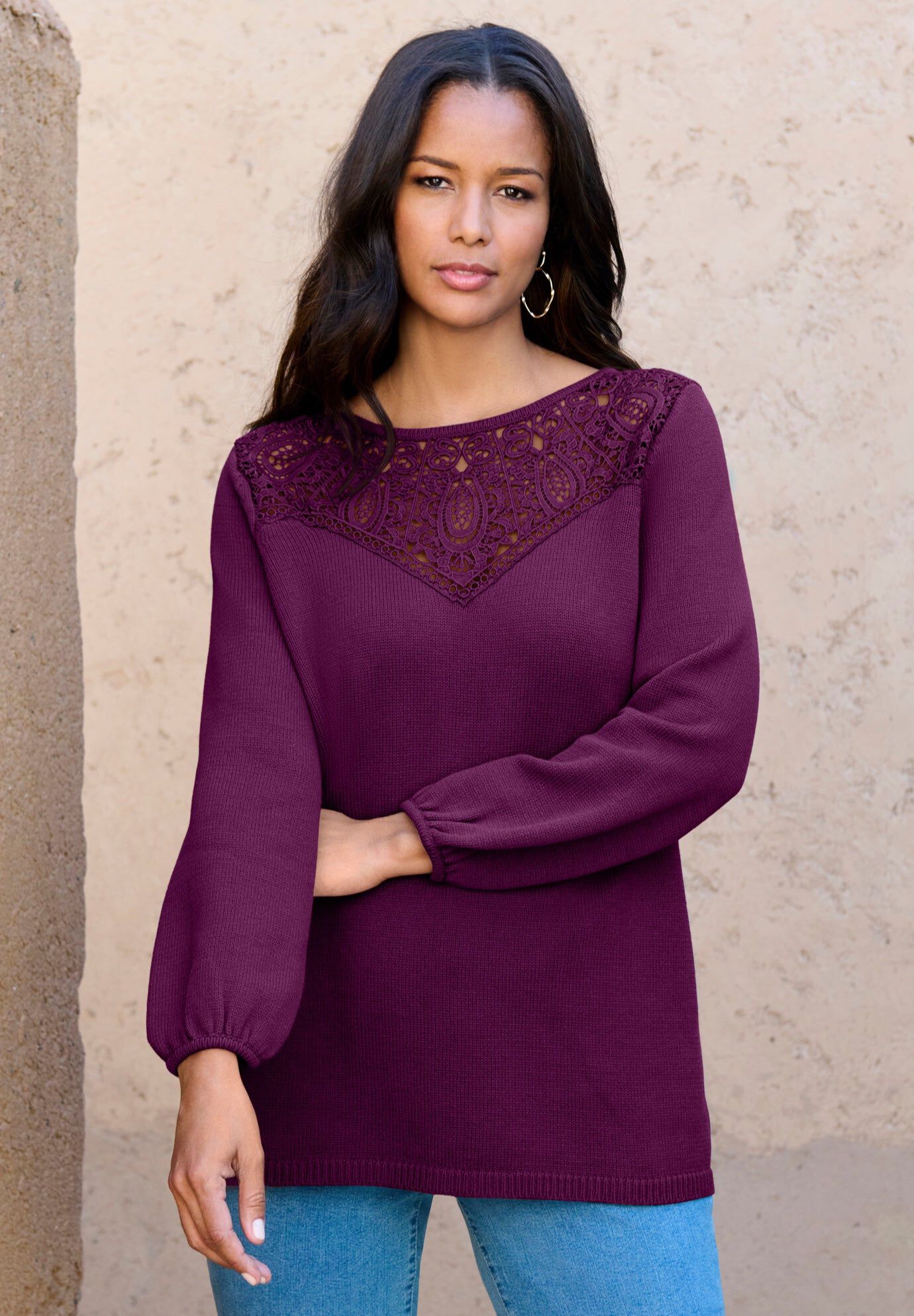 Lace Mesh Pullover Sweater, DARK BERRY, hi-res image number 0