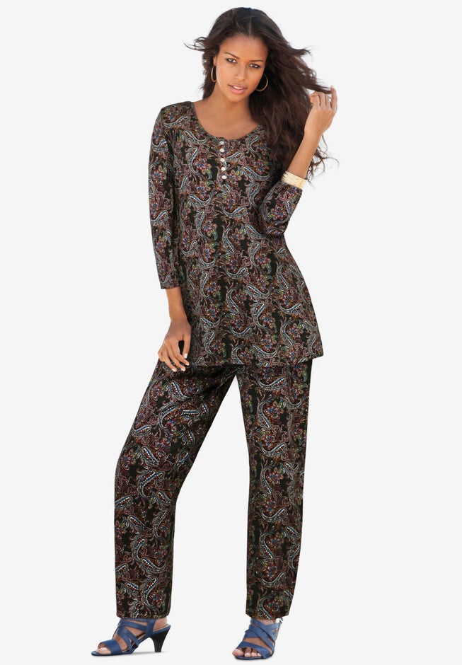 Printed Three-Quarter Sleeve Henley Set, MULTI BOHO PAISLEY, hi-res image number 0