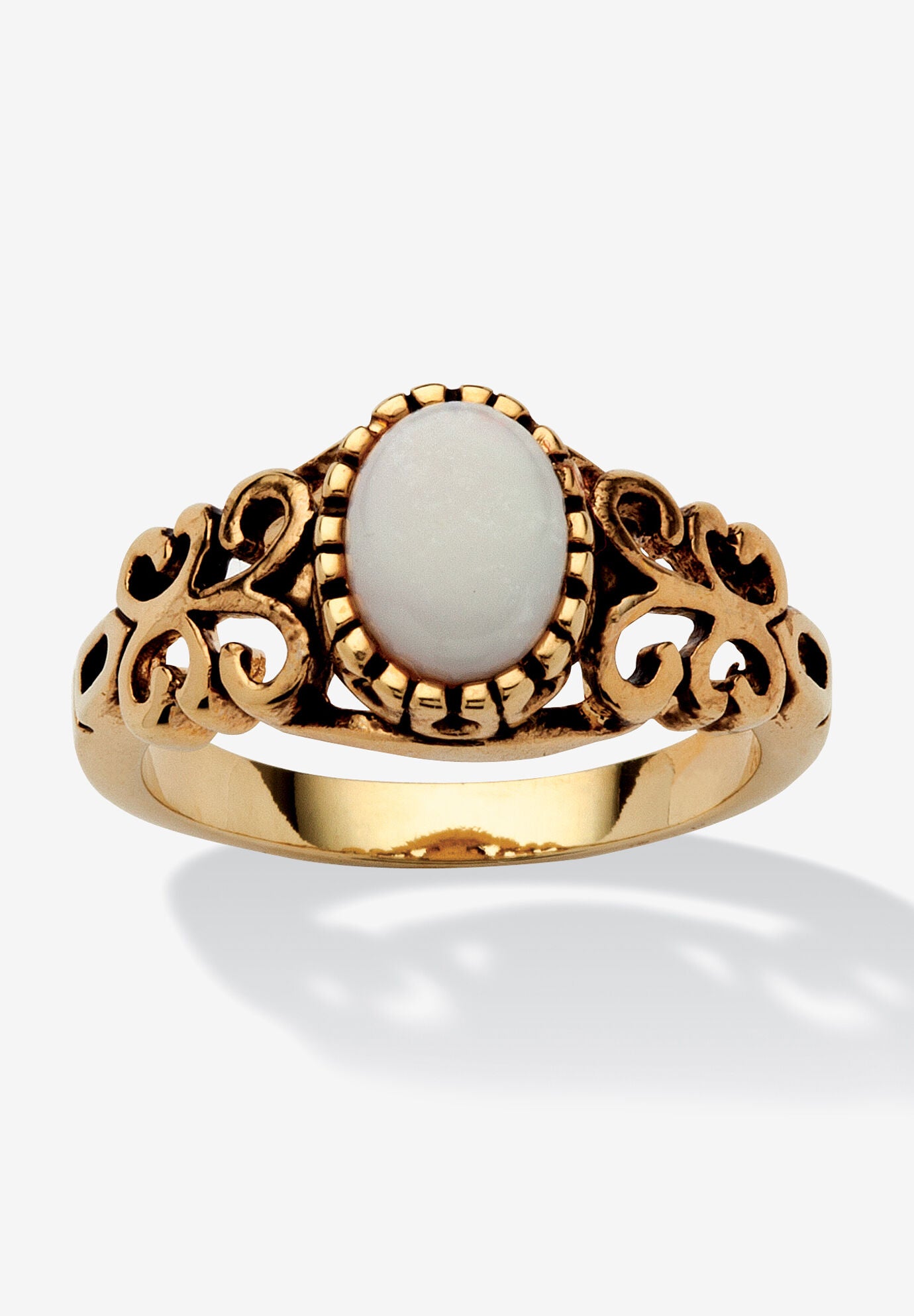 Oval-Cut Opal Scroll Ring In Antiqued Gold-Plated, OPAL, hi-res image number 0