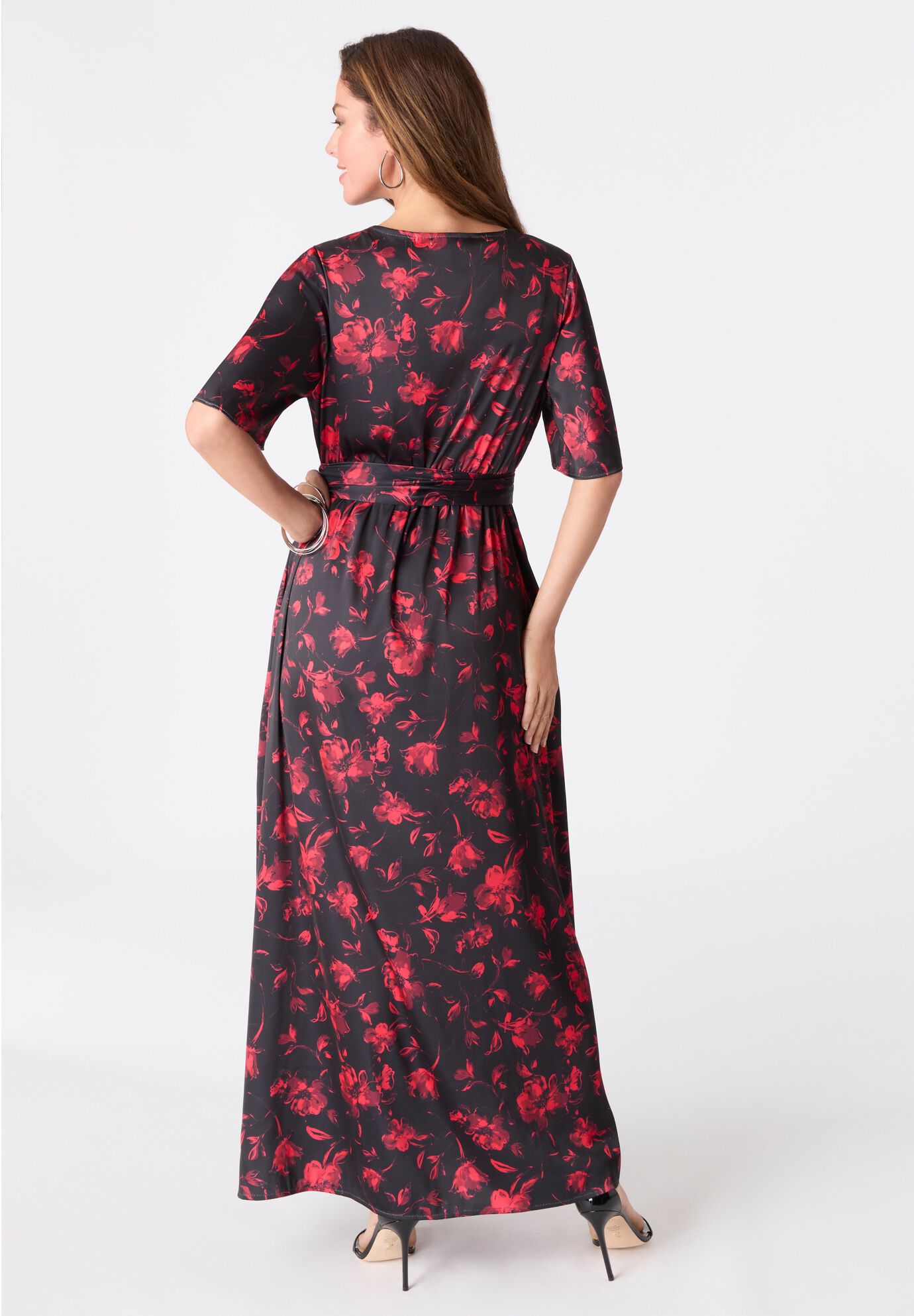 Stretch Satin Faux Wrap Dress, , on-hover image number 1
