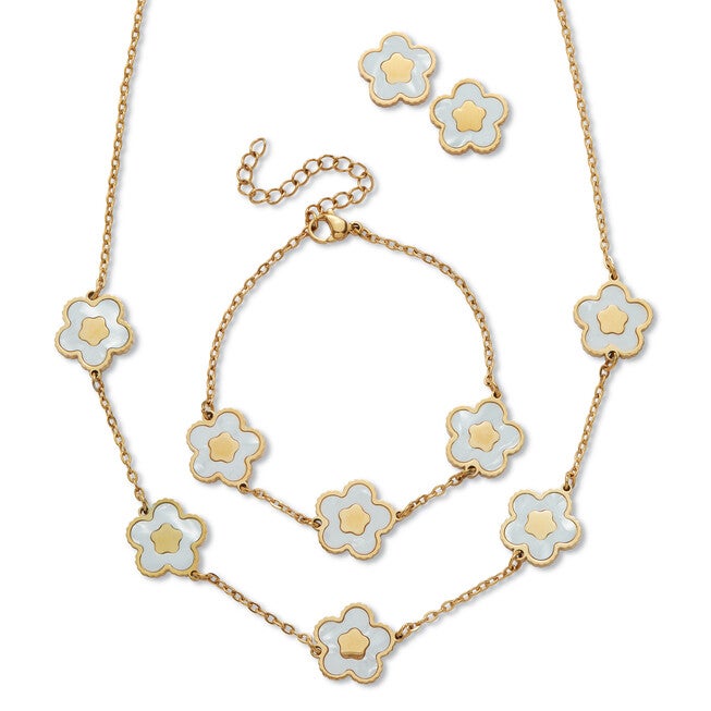 Genuine Mother of Pearl Gold Ion-Plated Stainless Steel Flower Jewelry Set, WHITE, hi-res image number 0