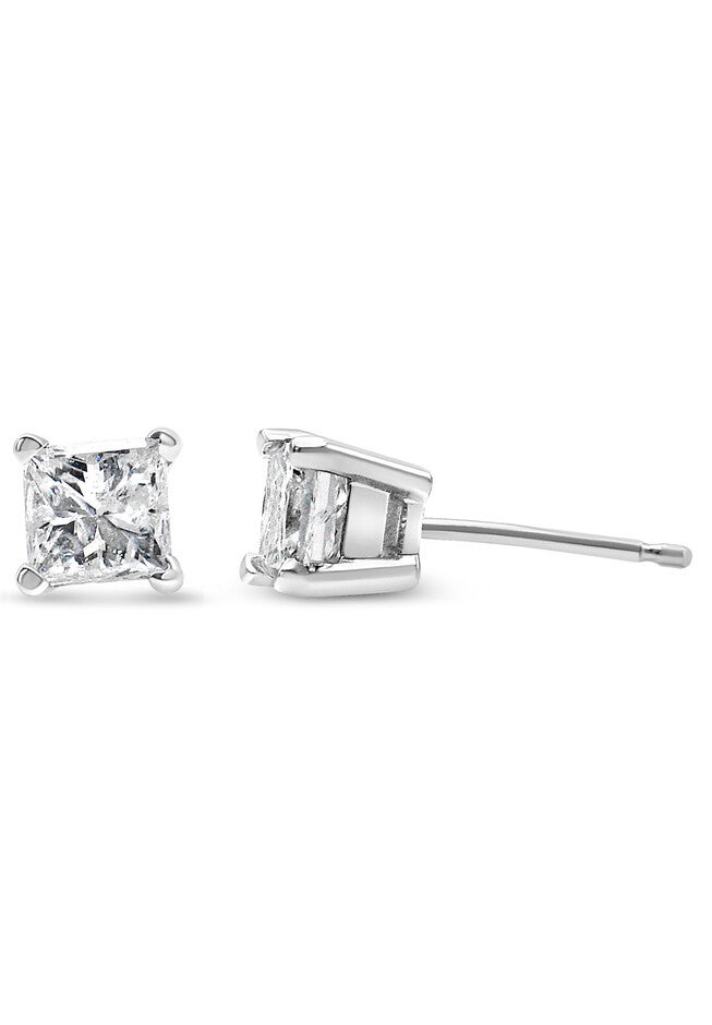 Princesscut Square Diamond 4Prong Solitaire Stud Earrings In White Gold (G-H Color), , alternate image number 2