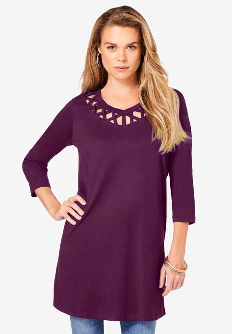 Three-Quarter Lattice-Neck Ultimate Tunic, DARK BERRY, hi-res image number null