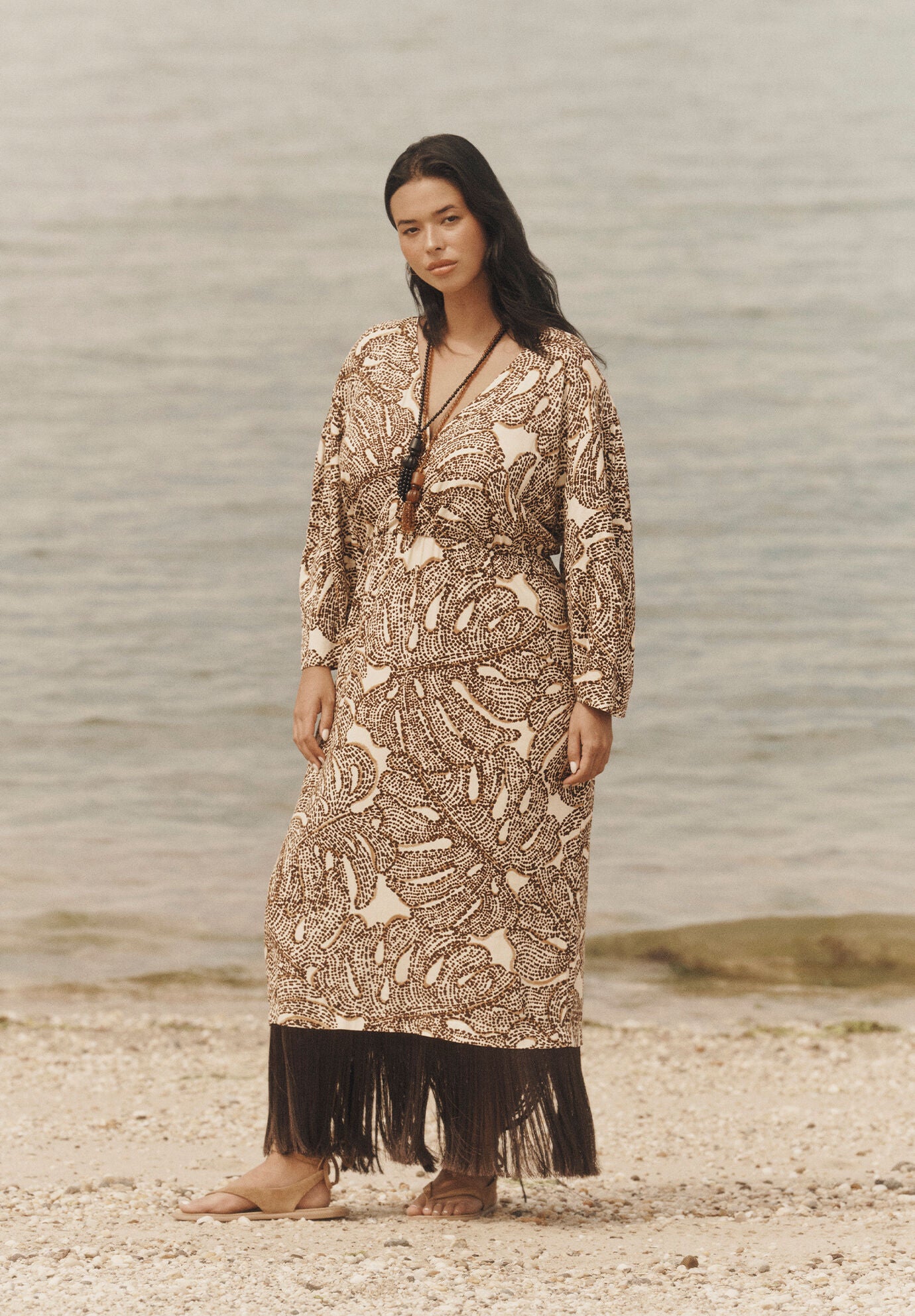 Fringe-Trim Surplice Maxi Dress, MONSTERA OASIS, on-hover image number 1