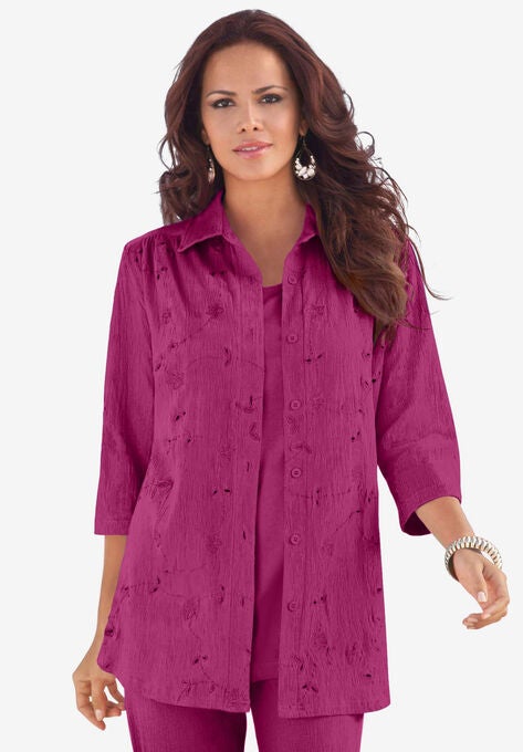 Eyelet Cutout Crinkle-Knit Gauze Big Shirt, RASPBERRY, hi-res image number null