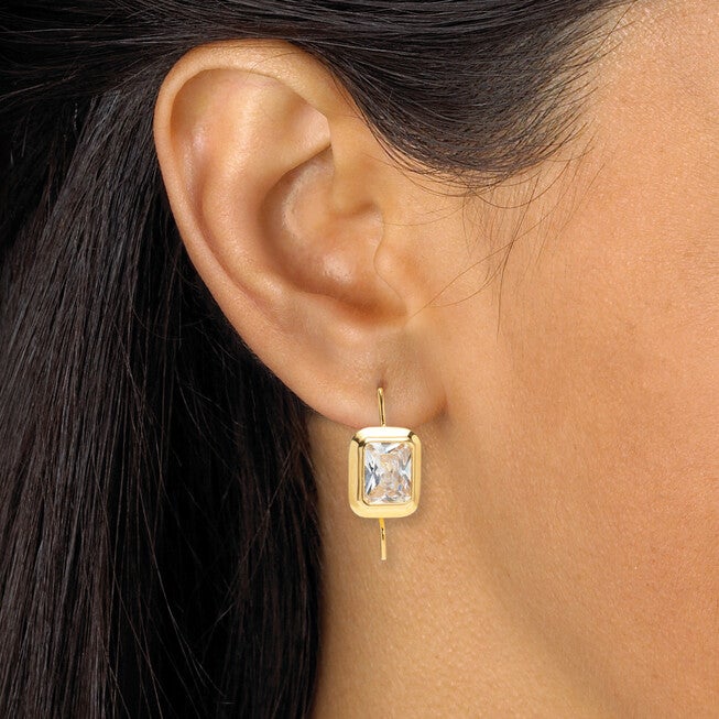 7.6 TCW 14k Yellow Gold-Plated Emerald Cut Cubic Zirconia Drop Earrings, WHITE, alternate image number 2