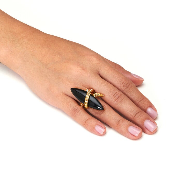 14k Gold-Plated Wrapped Marquise Onyx and Crystal Ring, BLACK, alternate image number 2
