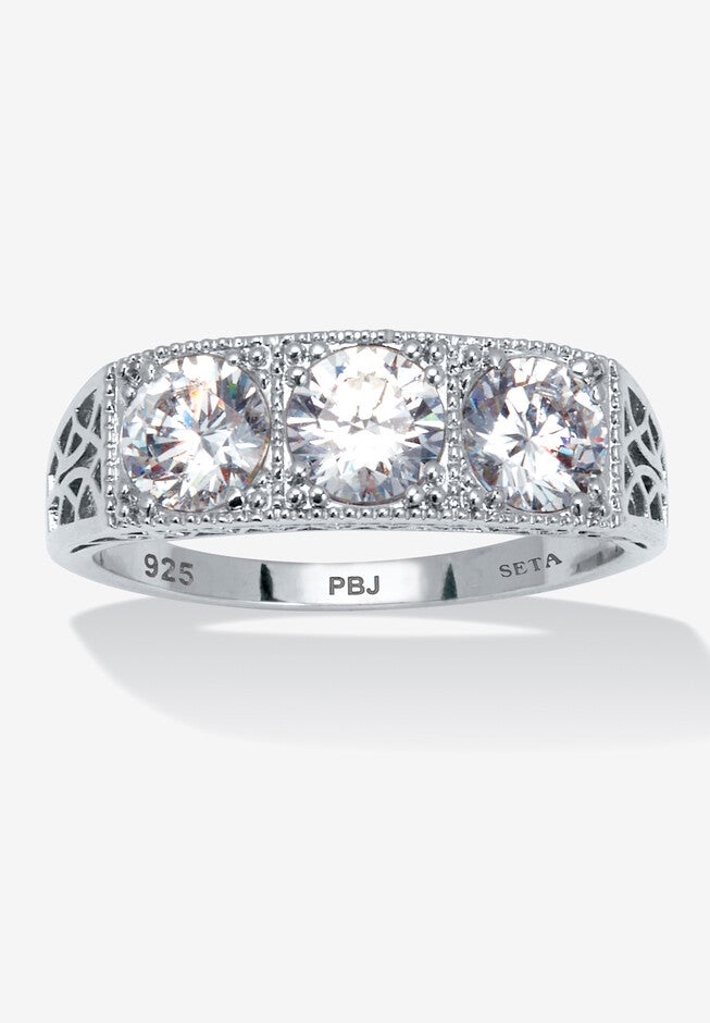 4.50 Tcw Round Cubic Zirconia Platinum-Plated Sterling Silver 3-Stone Ring, SILVER, hi-res image number 0