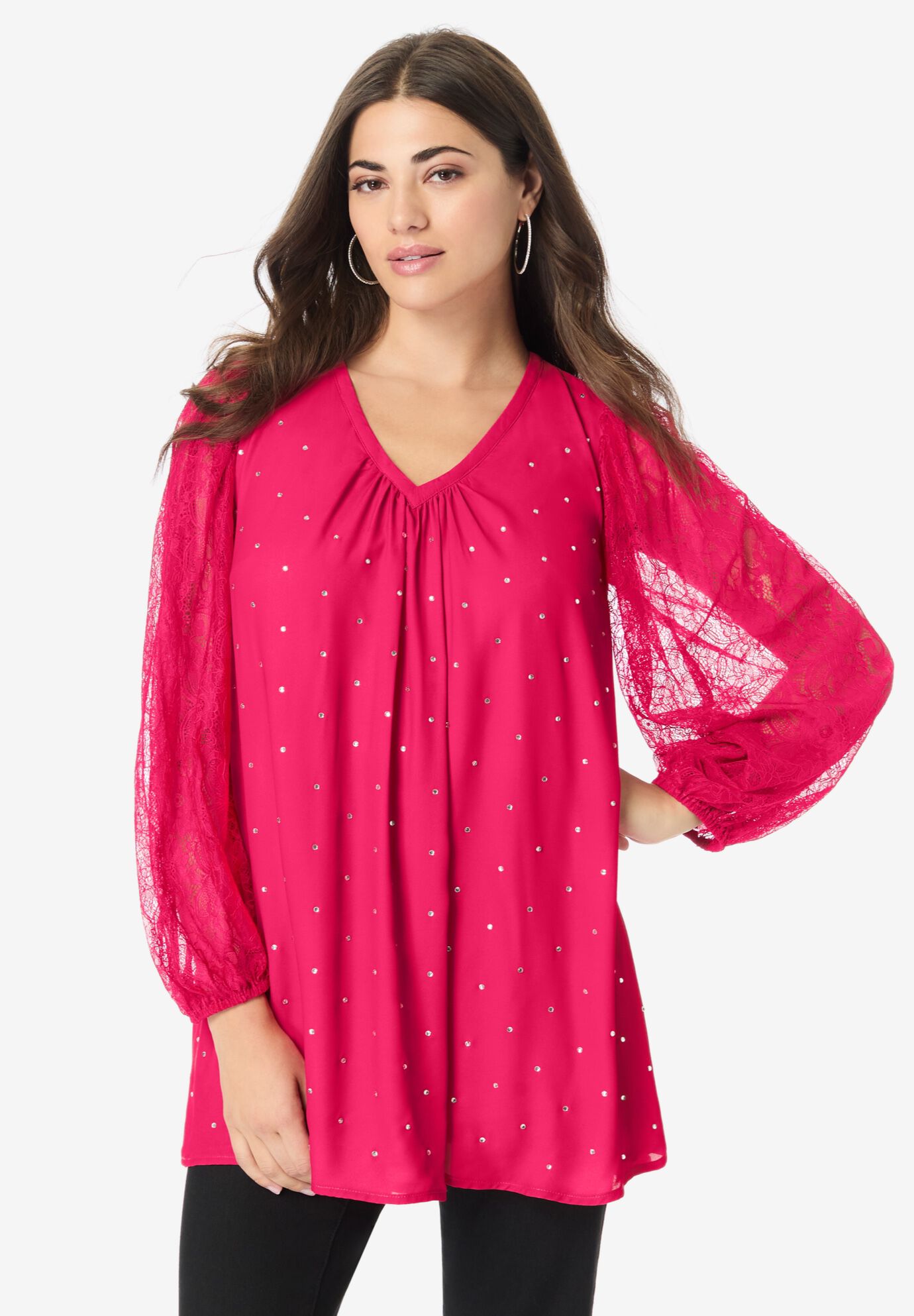 Lace and Georgette Rhinestone Top., RADIANT PINK, hi-res image number 0