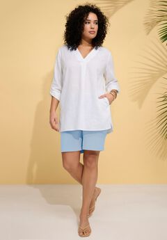 Plus Size Linen-Blend Y-Neck Roll-Tab Sleeve Tunic