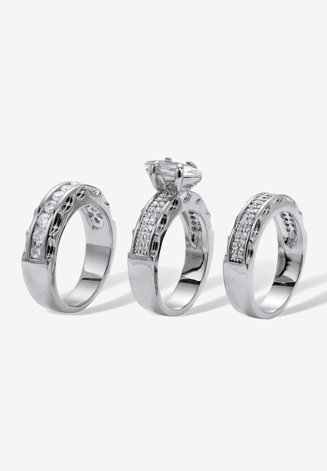 3 Piece 3.38 Tcw Round Cubic Zirconia Platinum-Plated Bridal Ring Set, , on-hover image number 1