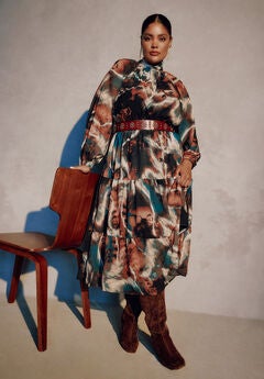 Mock-Neck Chiffon Midi Dress