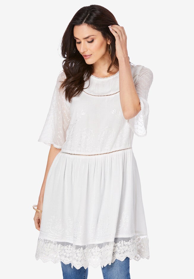 Fit-and-Flare Acid Wash Lace Top, WHITE, hi-res image number null