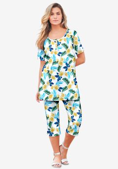 Plus Size 2-Piece Printed Henley Top and Capri Set
