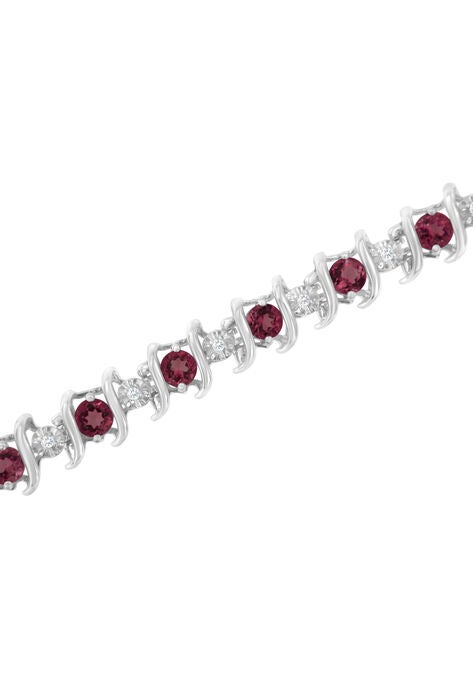 Sterling Silver Gemstone & Round Diamond Tennis Bracelet Ruby July Birthstone, , alternate image number null
