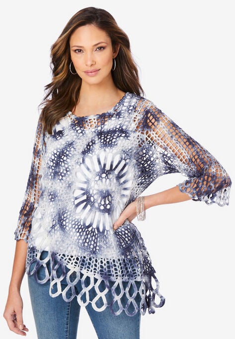 Starburst Crochet Sweater, EVENING BLUE TIE DYE, hi-res image number null