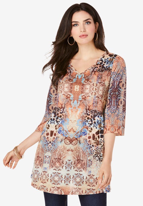 V-Neck Printed Tunic, NATURAL ANIMAL MEDALLION, hi-res image number null