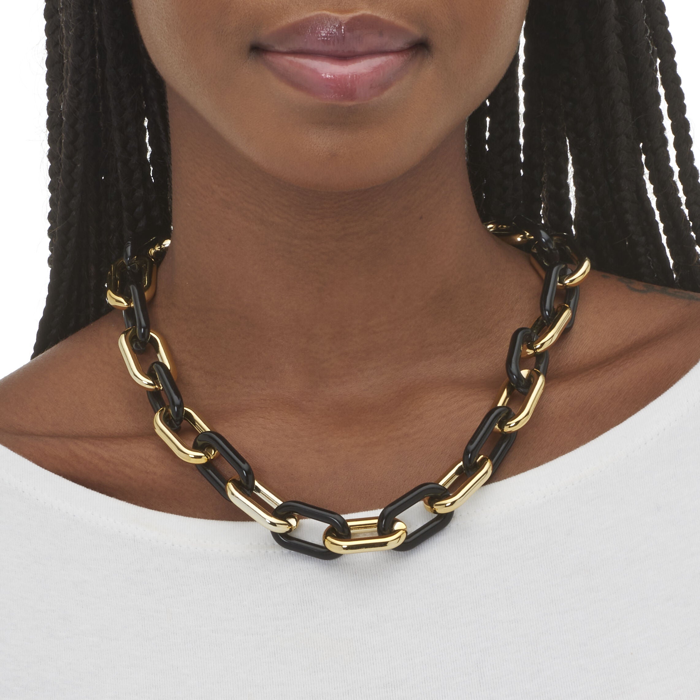 Acrylic Link Necklace Black and Gold Ion-Plated Stainless Steel Earrings Set, GOLD BLACK, alternate image number 2