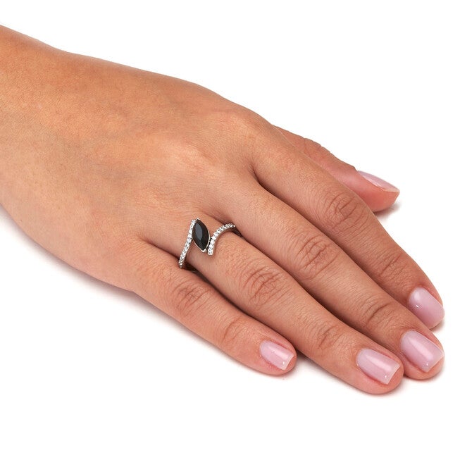 Marquise Genuine Onyx and Cubic Zirconia Silvertone Ring, BLACK, alternate image number 2