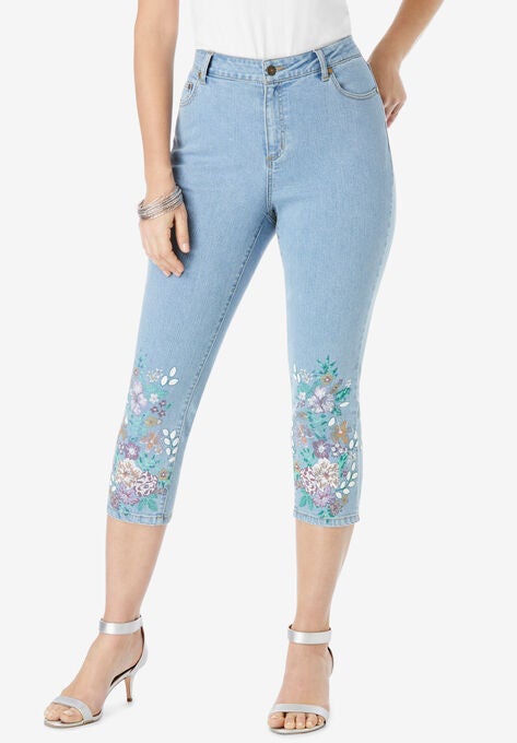 Floral Print Straight-Leg Capri Jean, MULTI HIBISCUS PRINT, hi-res image number null