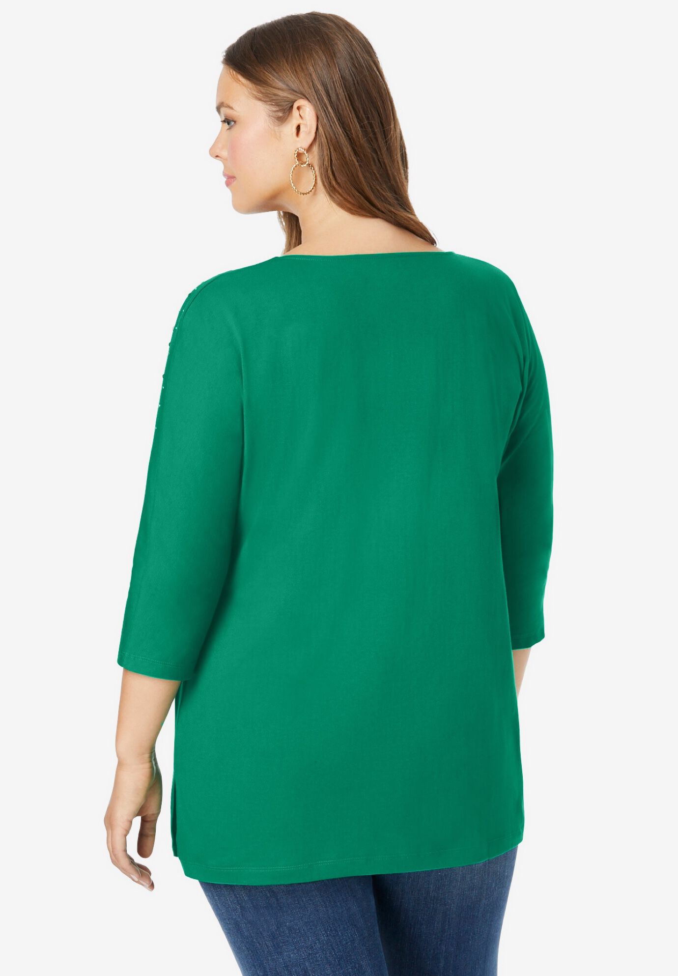 Women Green & Gold Printed Tunic With Three Quarter Sleeves
