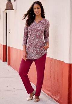 Plus Size Three-Quarter Sleeve Notch Neck Soft Knit Tunic