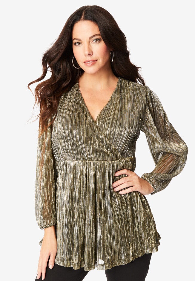 Metallic Plisse Wrap Blouse, BLACK GOLD, hi-res image number null