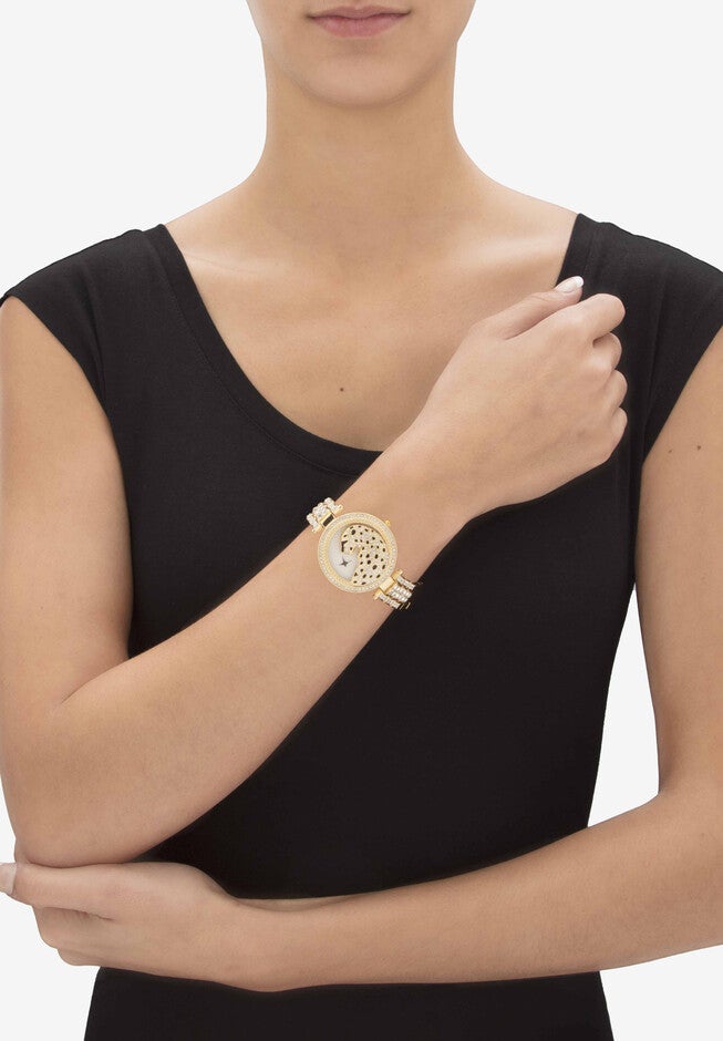Princess-Cut And Round Crystal Goldtone Leopard Fashion Watch 7.5 inches, , alternate image number 2