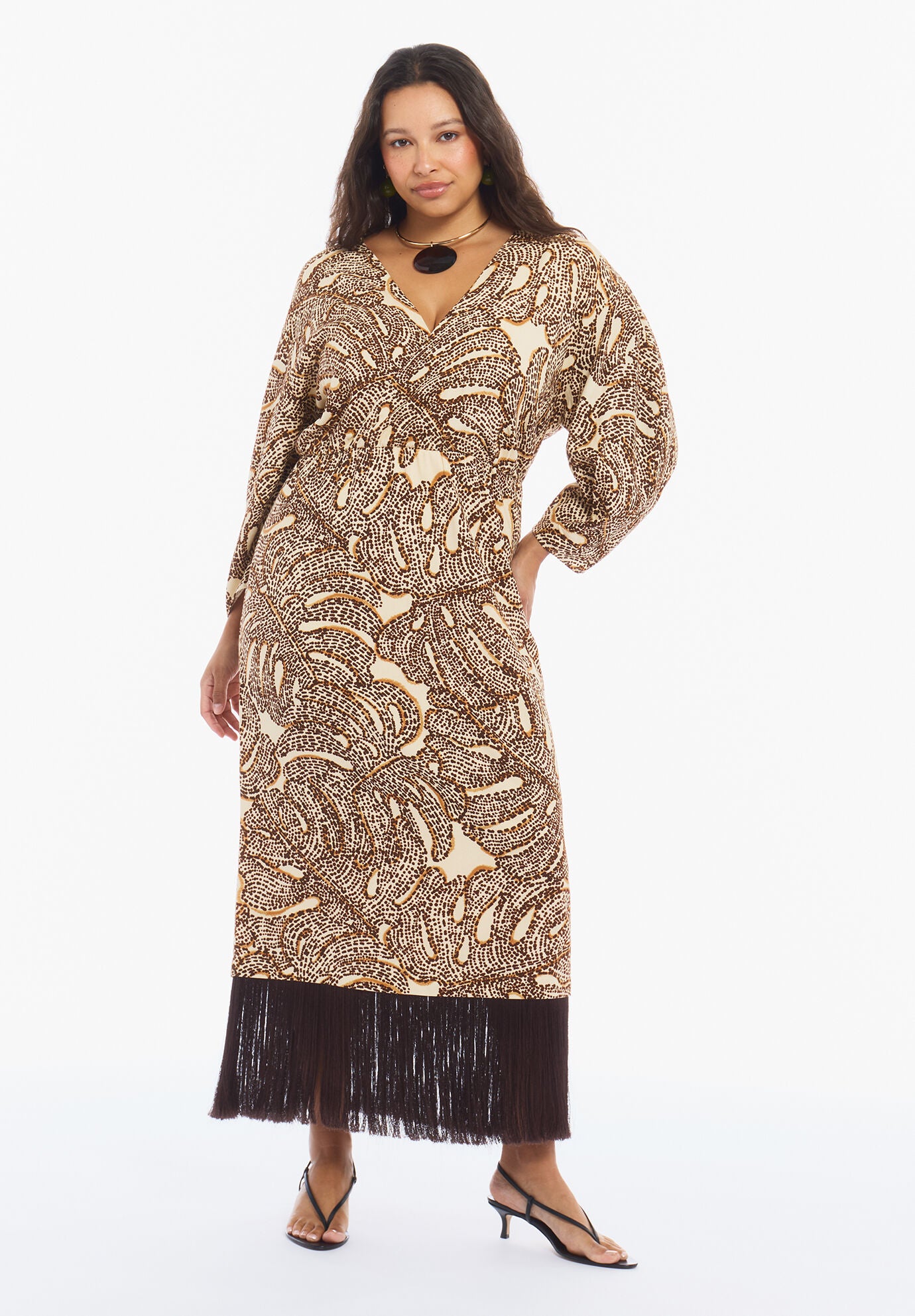 Fringe-Trim Surplice Maxi Dress, MONSTERA OASIS, alternate image number 2