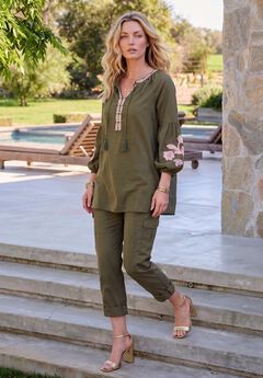 Plus Size Cambric Cotton Split Neck Embroidered Tunic