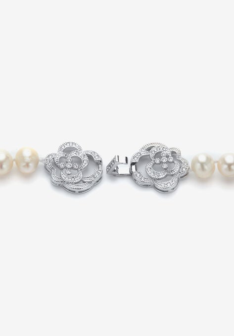 1.42 Cttw. White Genuine Pearl Necklace W/Cubic Zirconia Clasp Silvertone 32", , on-hover image number null