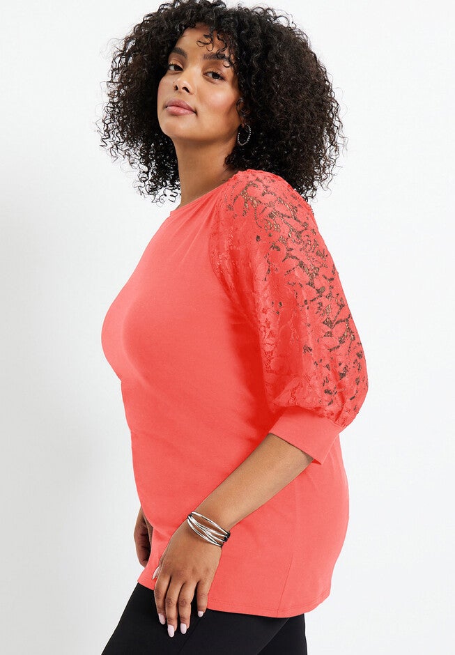 Lace-Trim Boatneck Top, , alternate image number null