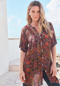 Plus Size Angelina Crinkle Crepe Y-Neck Short Sleeve Tunic