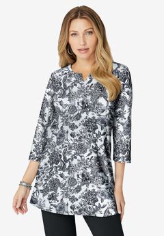 Plus Size Three-Quarter Sleeve Notch Neck Soft Knit Tunic