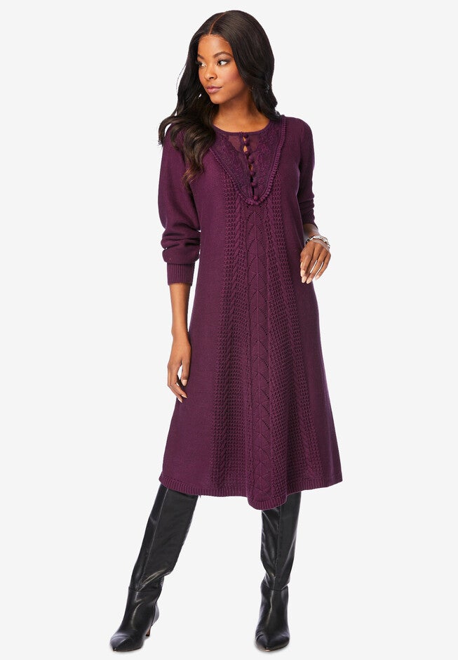 Lace Yoke Sweater Dress, DARK BERRY, hi-res image number null