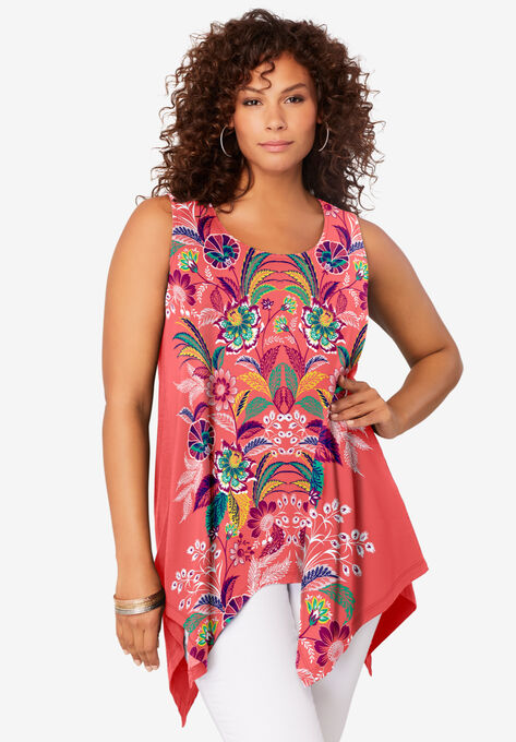 Handkerchief-Hem Tunic Tank, SUNSET CORAL FLORAL PRINT, hi-res image number null