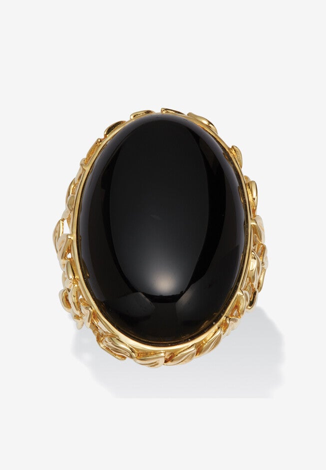 Oval Genuine Black Agate 18K Yellow Gold Cabochon Ring, BLACK, hi-res image number 0