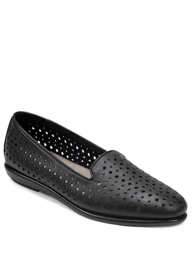 You Betcha Flat by Aerosoles®, BLACK PERFORATED LEATHER, hi-res image number 0