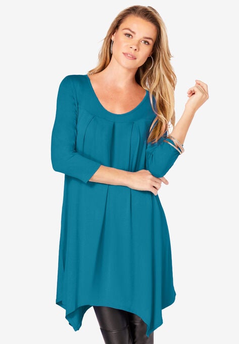 Pleated Three-Quarter Sleeve Ultra Femme Tunic, DEEP TEAL, hi-res image number null