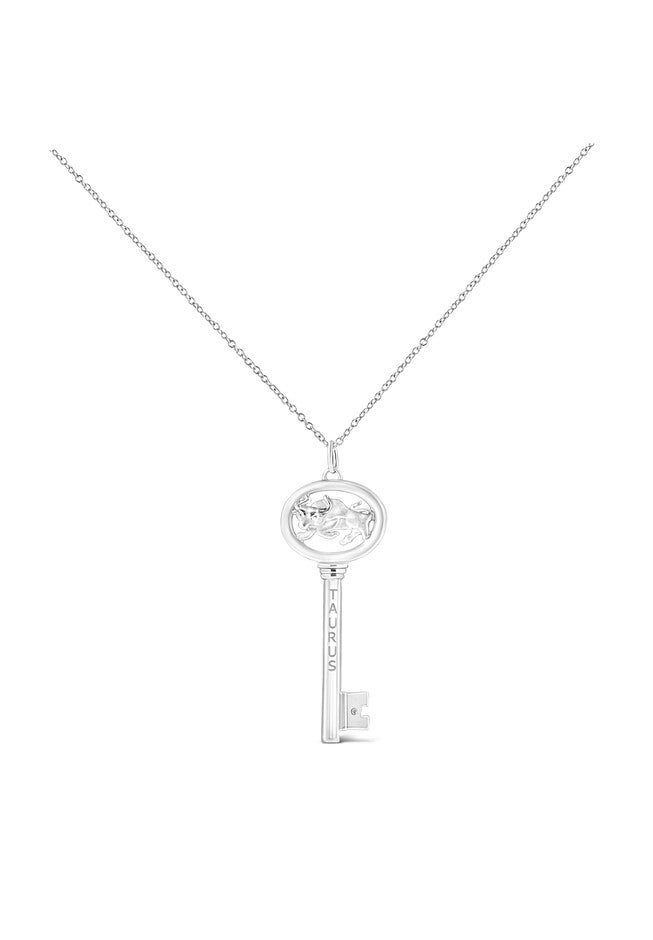 Sterling Silver Diamond Accent Taurus Zodiac Key Pendant Necklace, , on-hover image number null