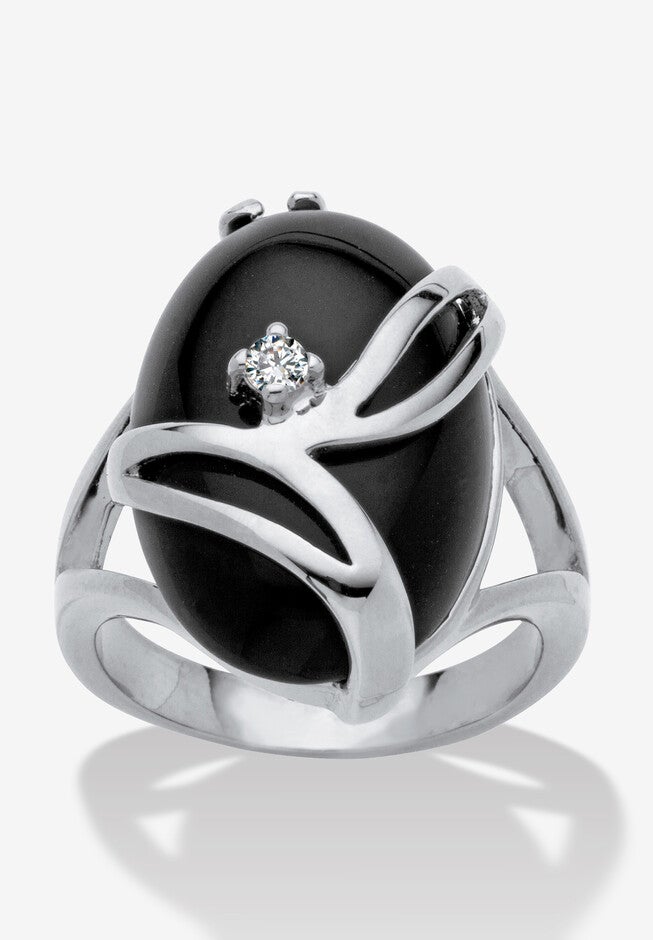 Oval-Shaped Onyx & Crystal Accent Cocktail Ring In Platinum-Plated, BLACK, hi-res image number 0