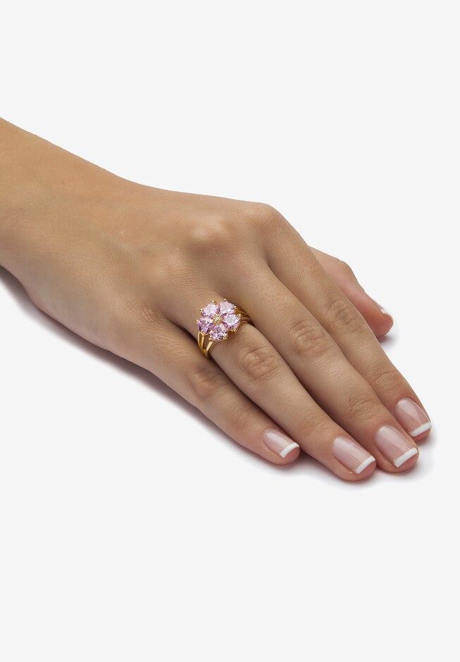 Yellow Gold-Plated Heart Shaped Flower Petals Ring Pink Cubic Zirconia Jewelry, , alternate image number 2