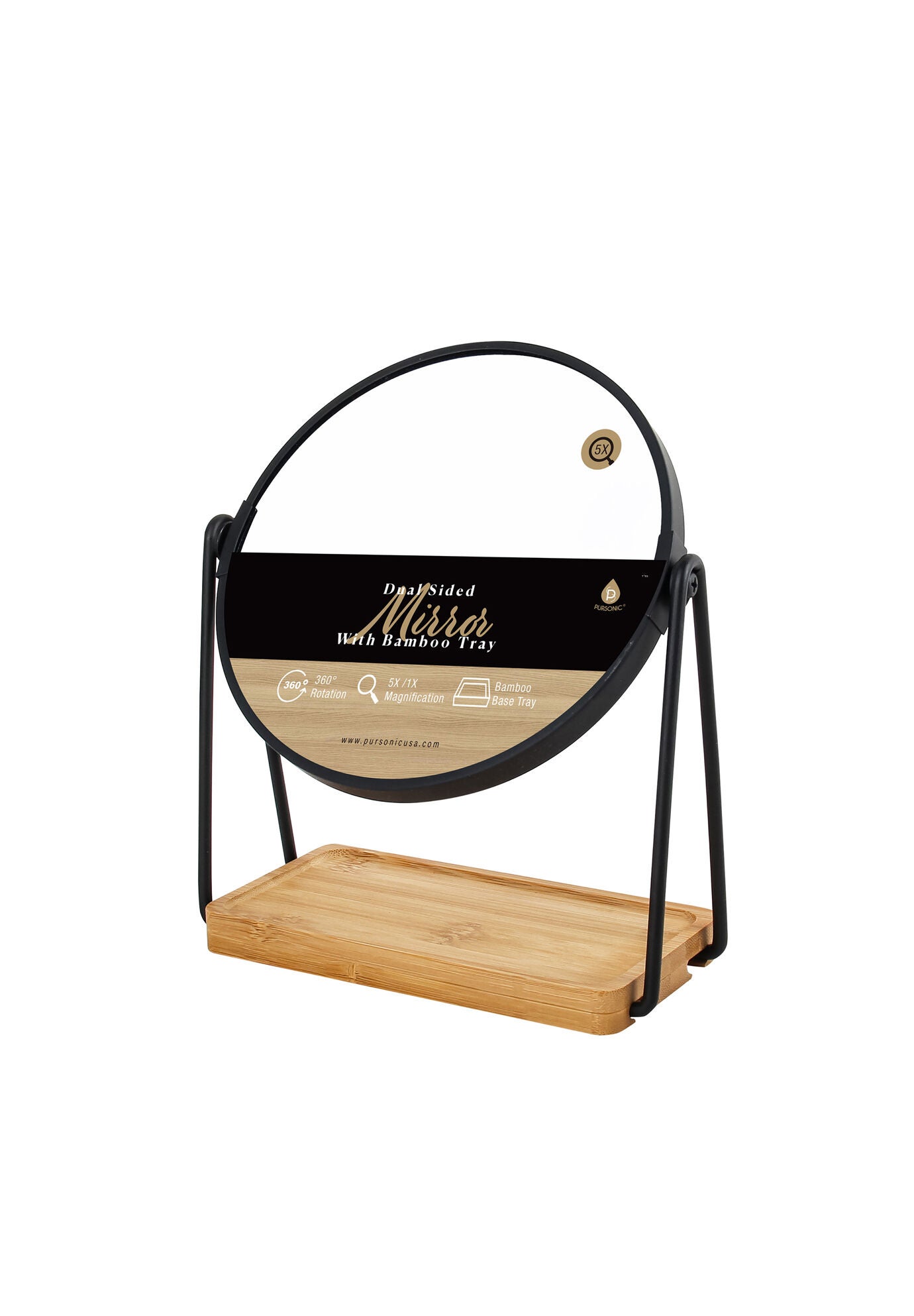 Dual Sided Mirror With Bamboo Base Tray • 360° Rotation • 5X/ 1X Magnification, O, hi-res image number 0