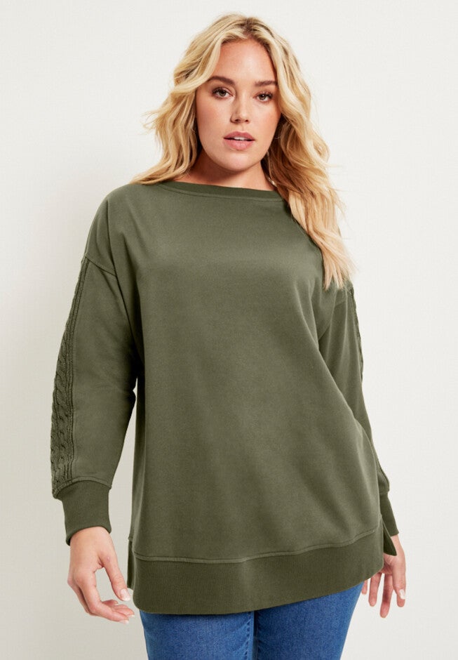 French Terry Boatneck Sweatshirt, DARK OLIVE GREEN, hi-res image number 0