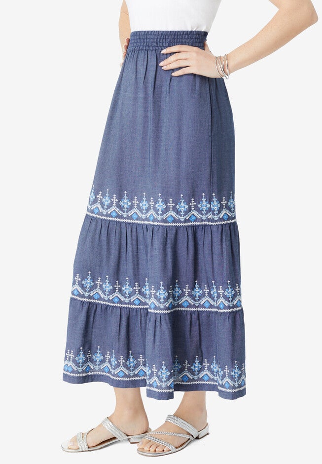 Embroidered Tiered Chambray Skirt, , alternate image number 2