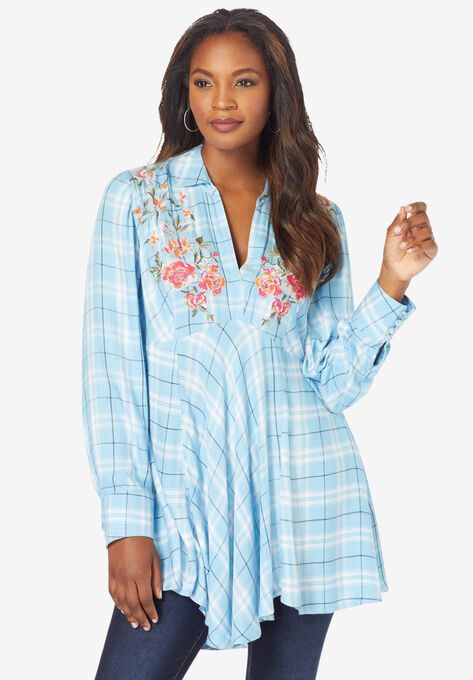Plaid Fit-And-Flare Tunic, SOFT SKY EMBROIDERED TARTAN, hi-res image number null