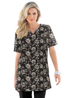 Print Notch Neck Soft Knit Tunic