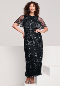 Extended Plus Size Beaded Capelet Maxi Gown – Glam Evening Dress